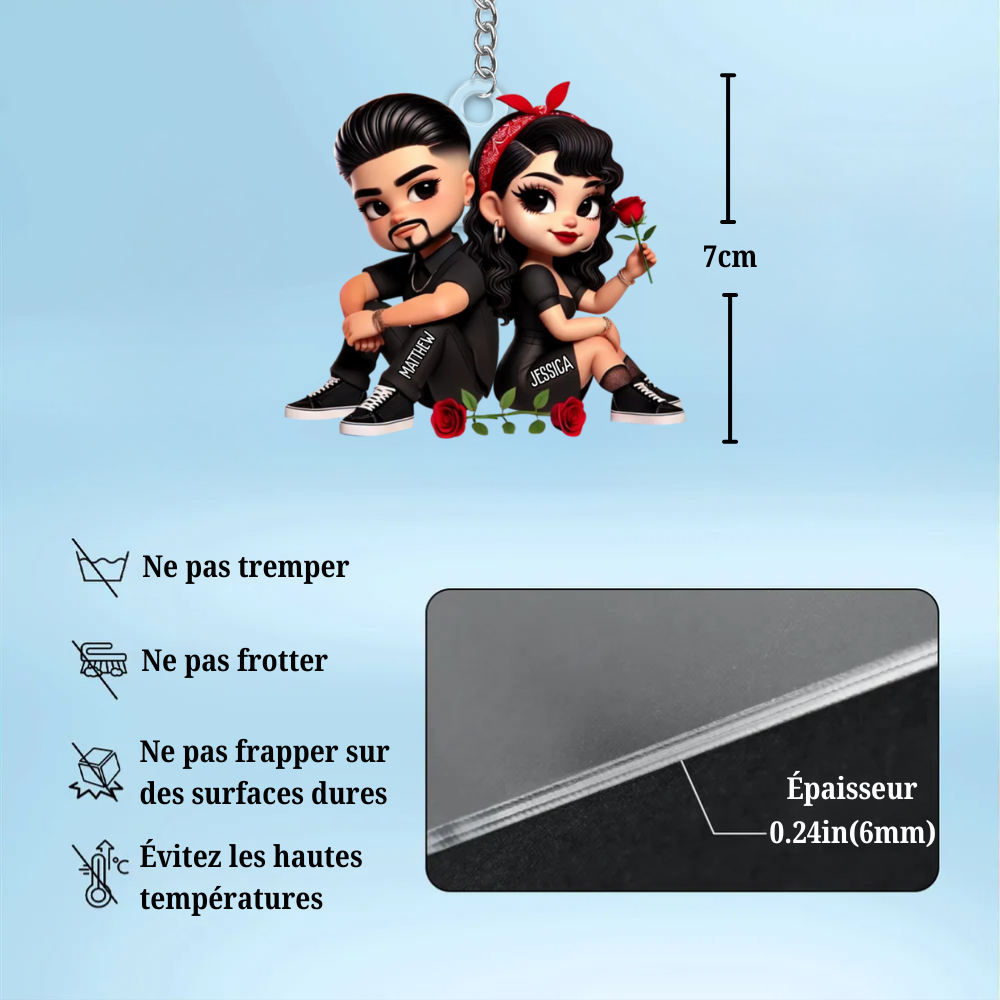 Porte-clés en acrylique personnalisé « Couple avec roses », cadeau pour couple