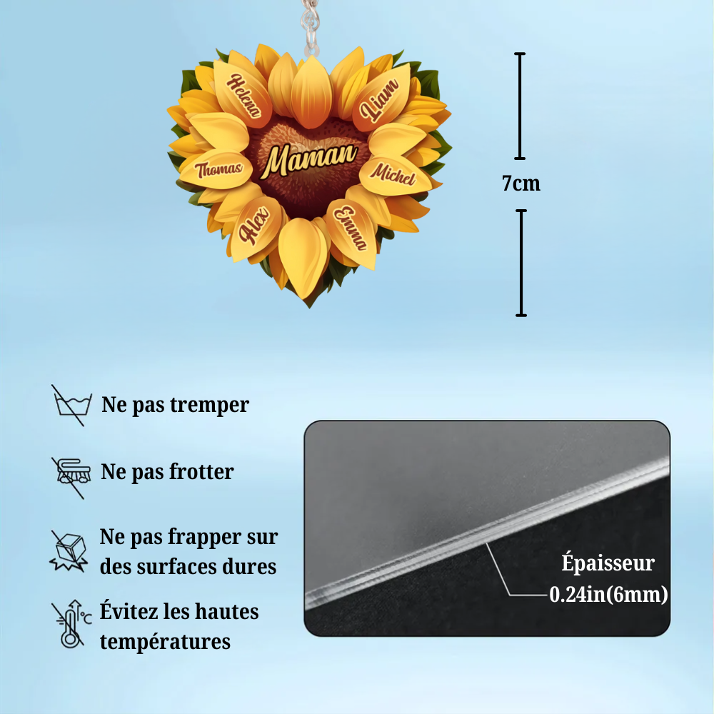 Tournesol en forme de cœur – Porte-clés en acrylique personnalisé pour maman et mamie