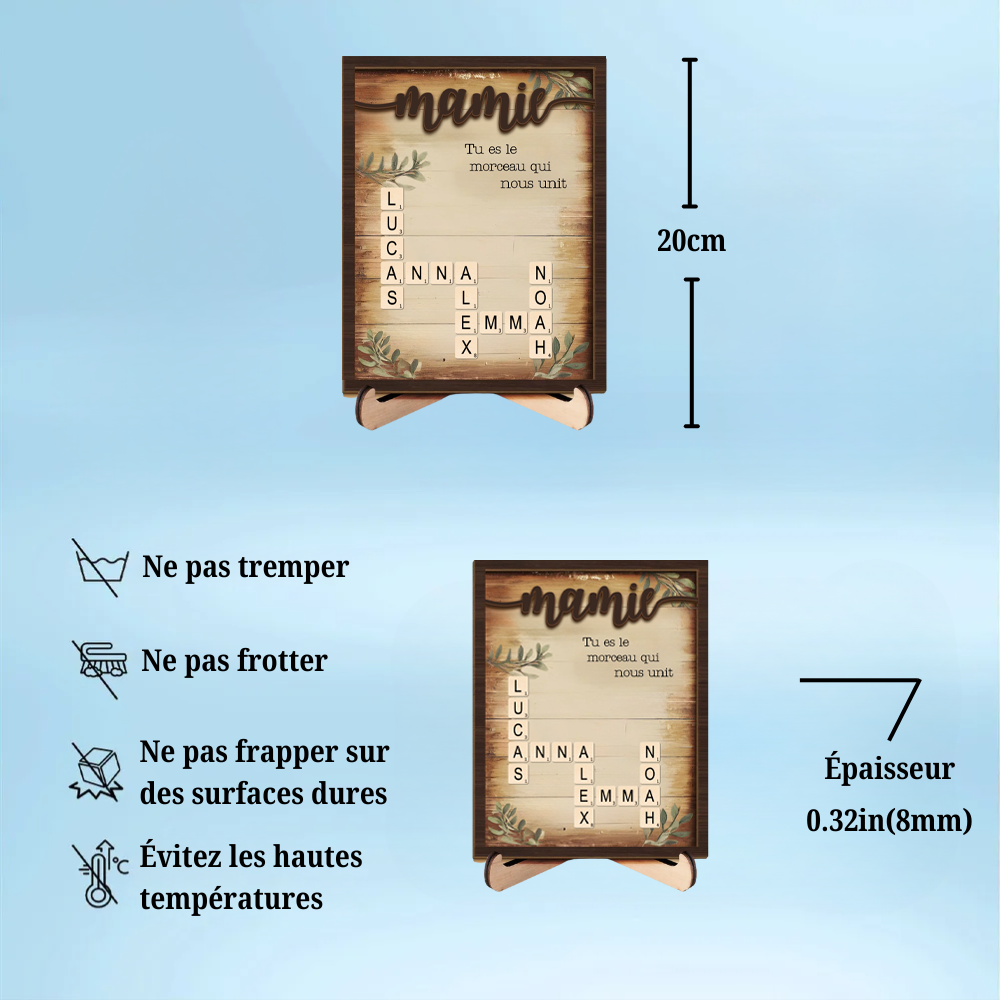Tableau en bois personnalisé style mots croisés – Cadeau pour Mamie