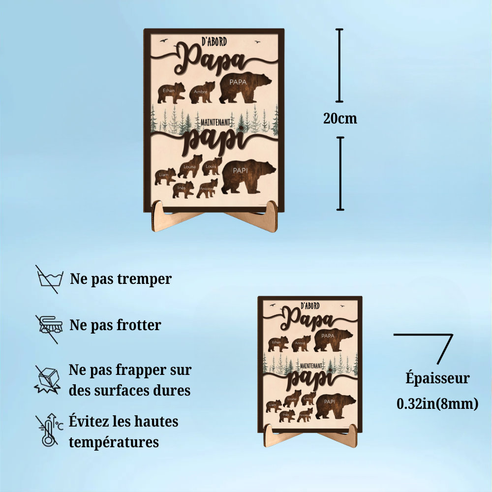 D’abord Papa, maintenant Papi – Plaque en bois personnalisée avec ours et prénoms
