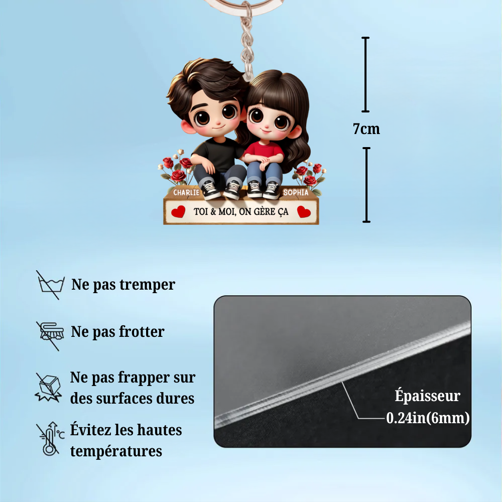 Porte-clés acrylique personnalisé avec illustration cartoon – Cadeau pour couple