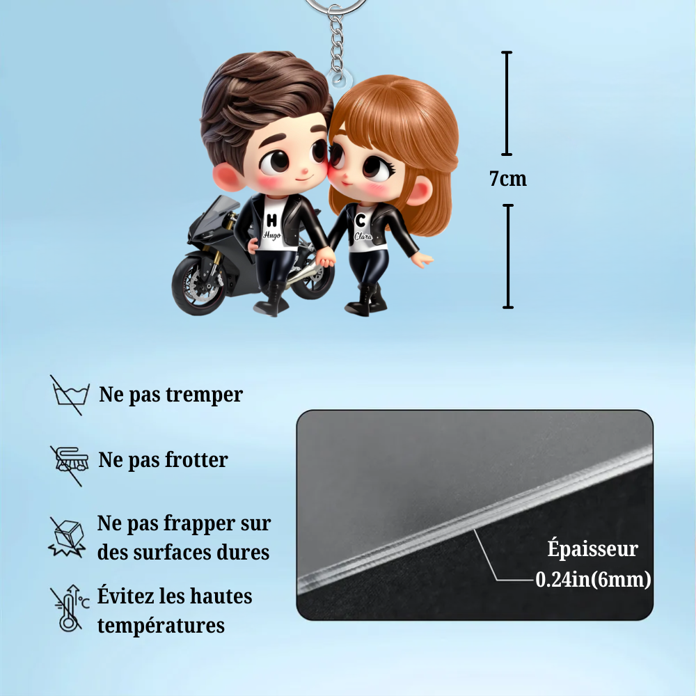 Porte-clés en acrylique Couple à moto – Cadeau pour couple