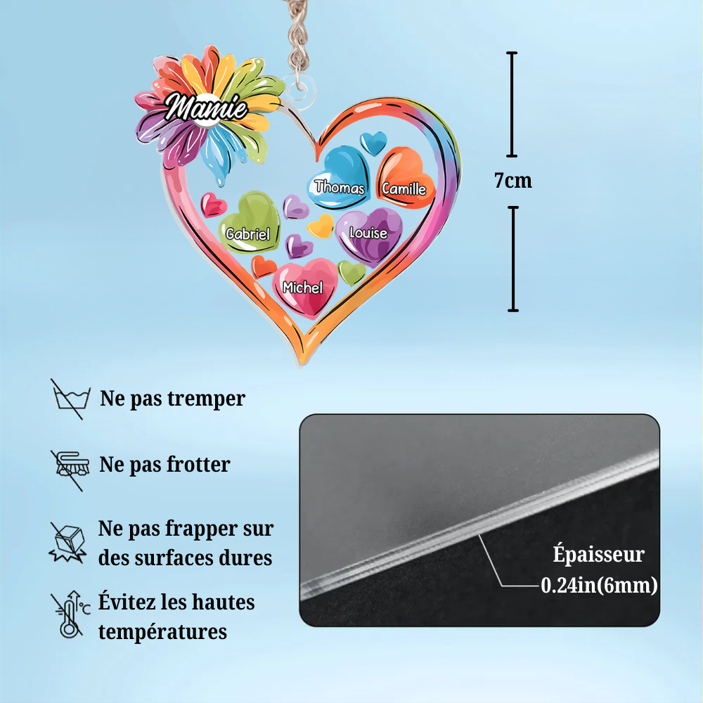 Cœurs colorés – Porte-clés personnalisé en acrylique pour Mamie et Maman