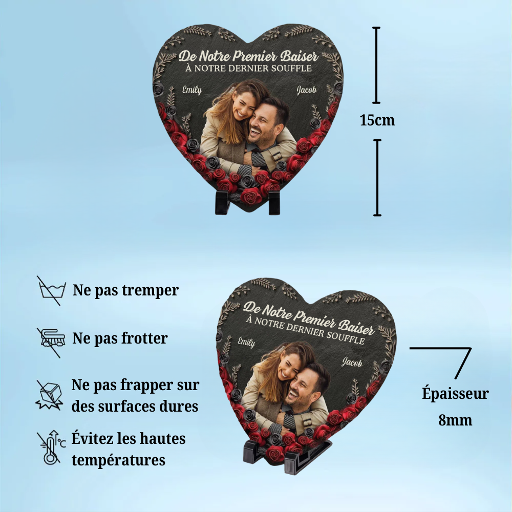 Photo et roses – Plaque en ardoise personnalisée pour couple – Forme cœur avec support