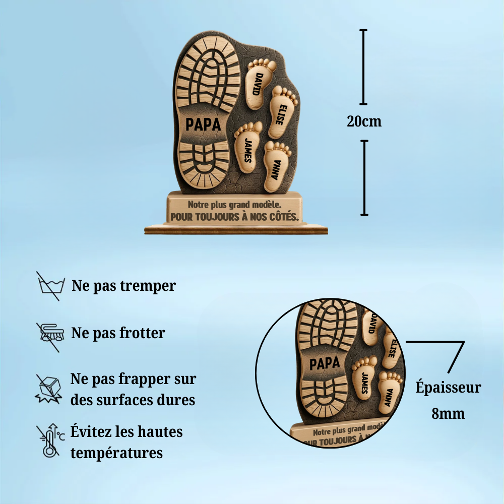 Décoration en bois personnalisé à 2 couches avec empreintes de pieds – Cadeau pour papa
