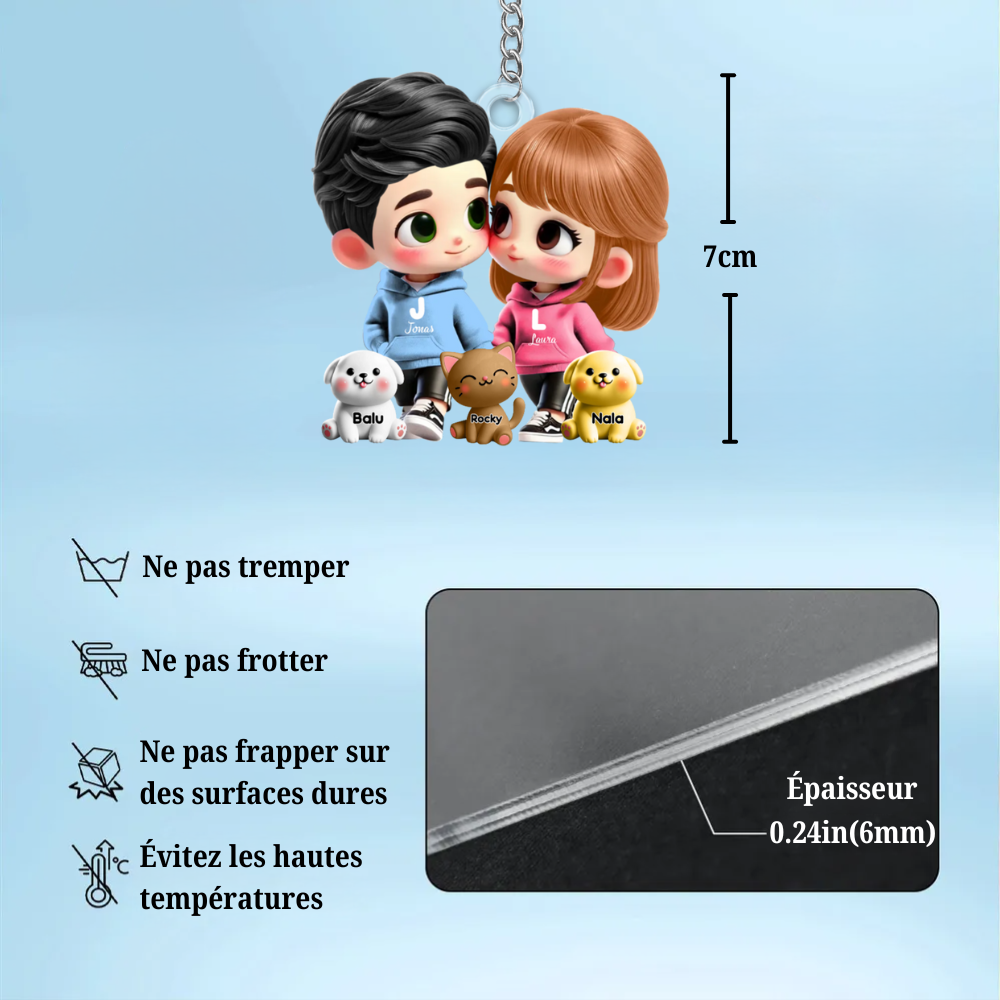 Porte-clés en acrylique personnalisé avec couple cartoon et animaux de compagnie – Cadeau pour couple