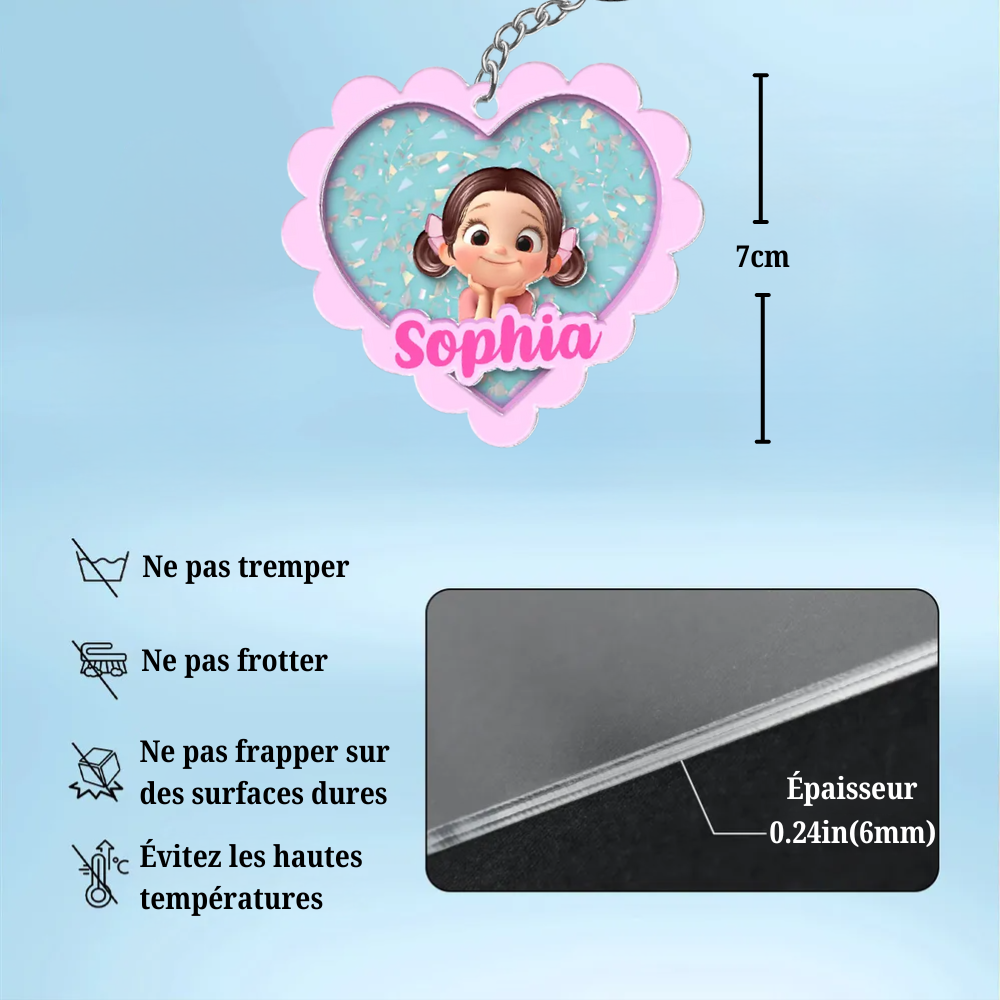 Porte-clés en acrylique avec cœur et nom – Cadeau pour enfants