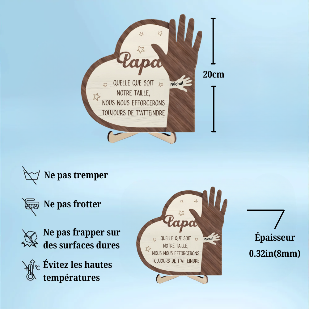 Tableau en bois personnalisé à deux couches "Main dans la main" pour Papa