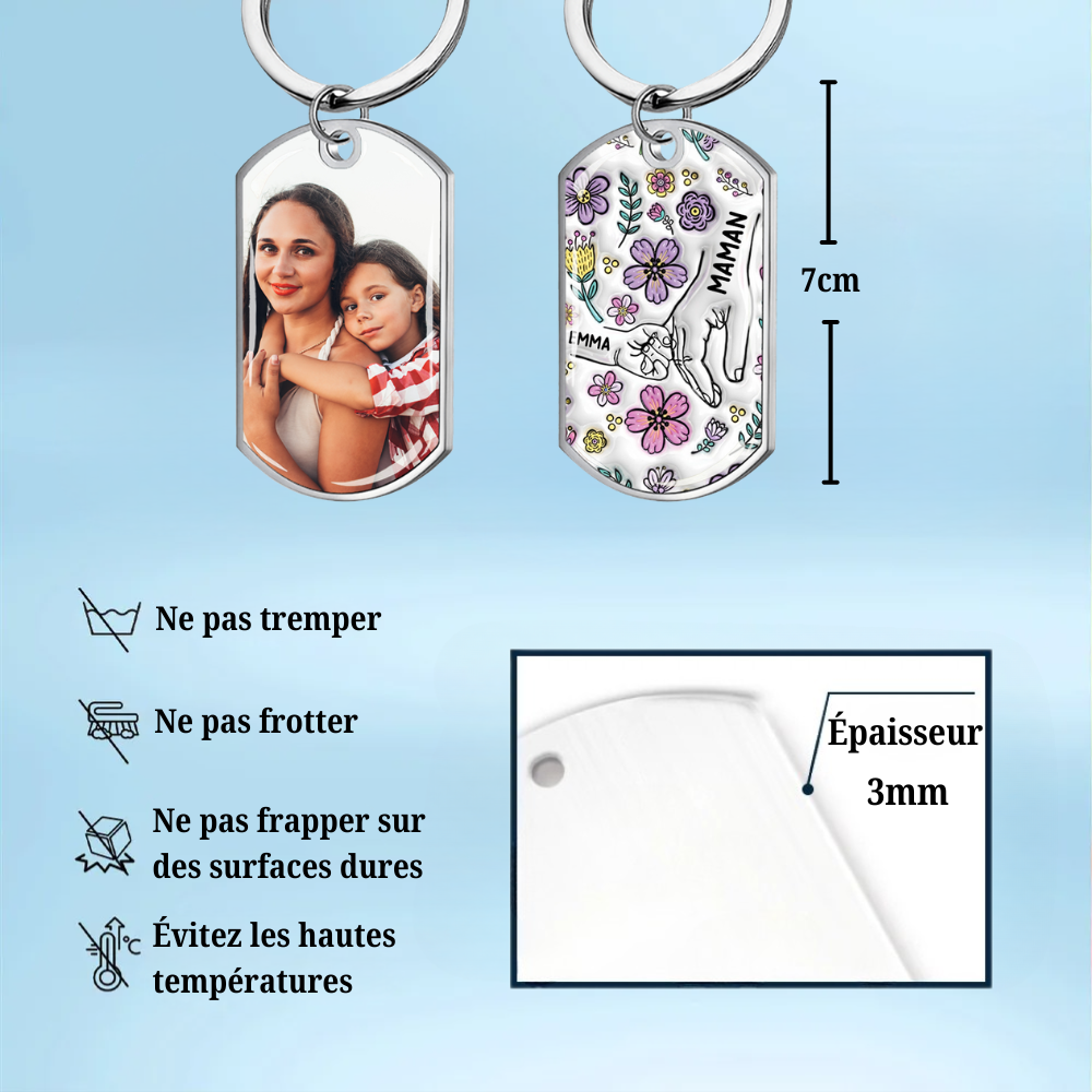 Main dans la main – Porte-clés photo personnalisé en acier inoxydable avec résine époxy – Cadeau pour mamie et maman