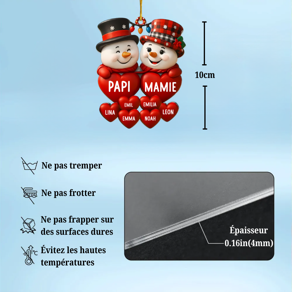 Bonhommes de neige avec des cœurs Pendentifs de Noël avec nom Cadeau pour grand-père et grand-mère