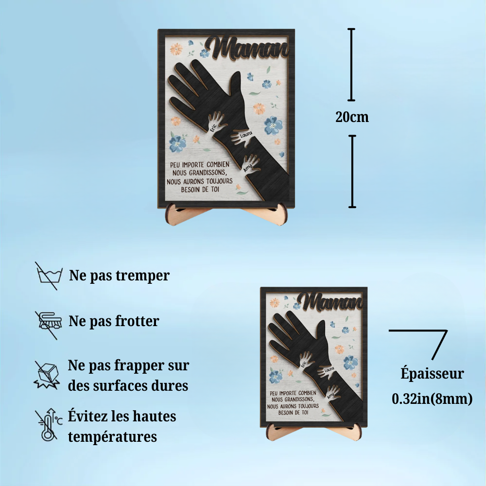 Plaque en bois personnalisée avec des mains pour maman et mamie