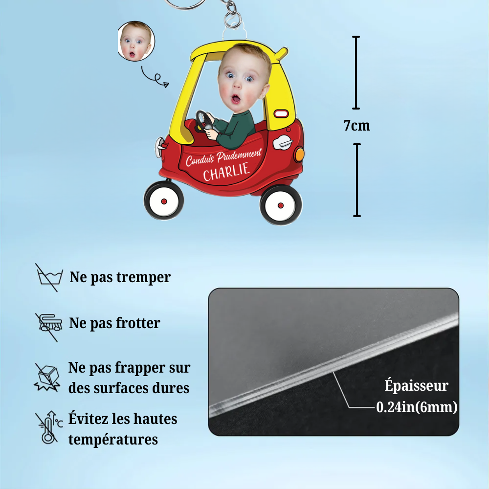 Porte-clés « Conduis prudemment » avec photo et prénom personnalisé