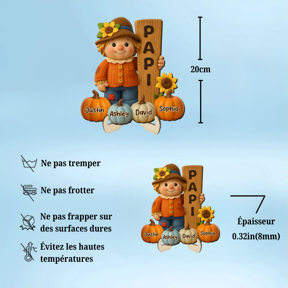 Adorable épouvantail et citrouilles – Plaque en bois personnalisée avec prénom(s) – Cadeau pour mamie