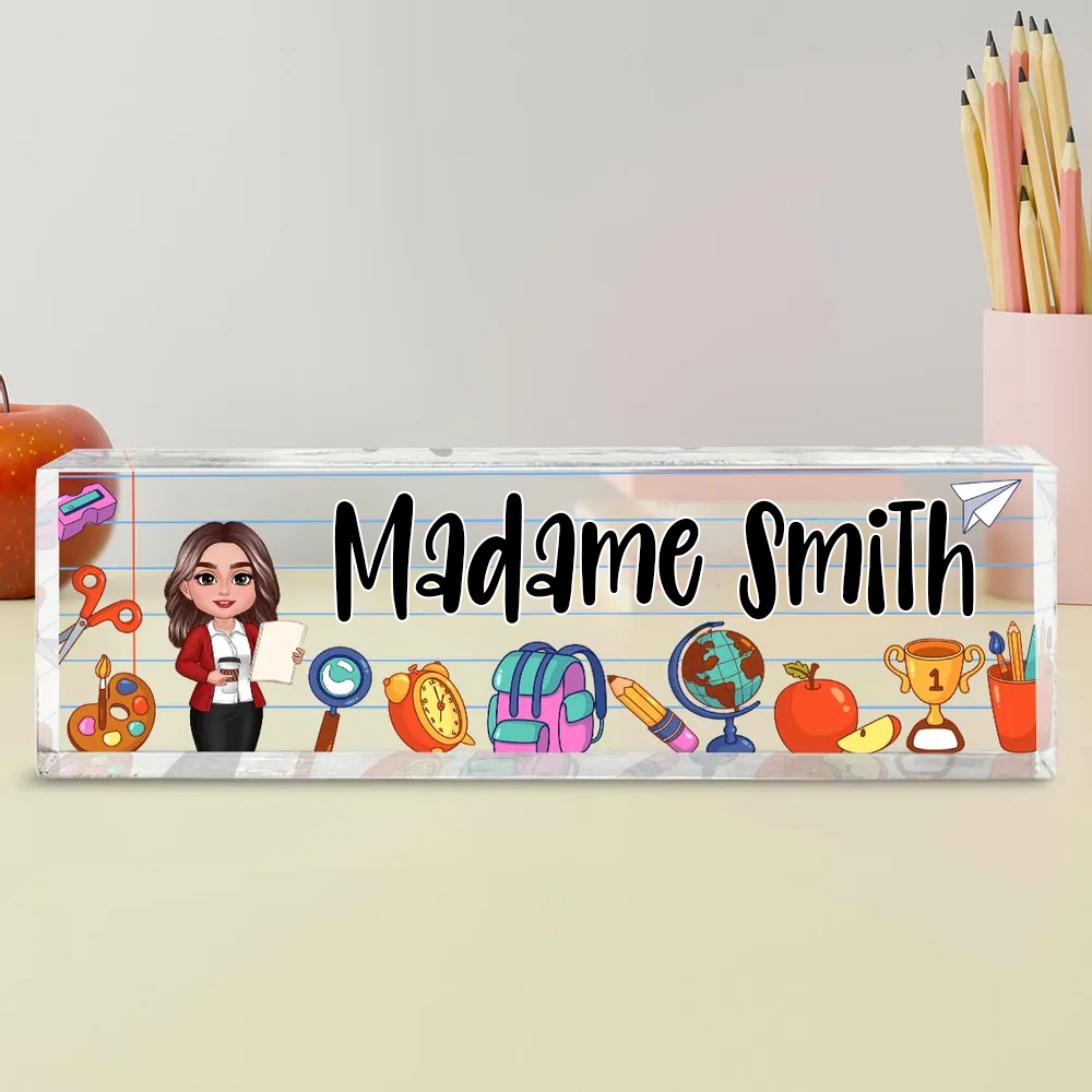 Plaque de bureau en acrylique personnalisée – Motifs scolaires pour enseignantes