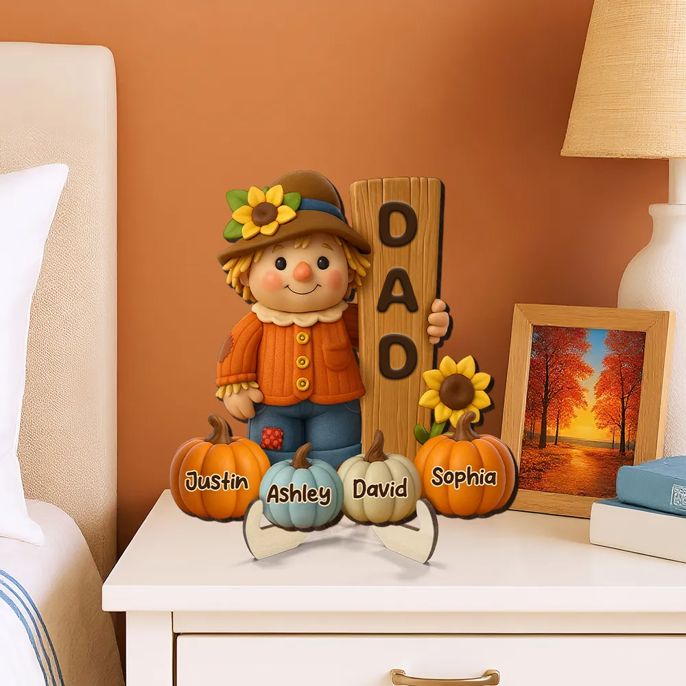 Adorable épouvantail et citrouilles – Plaque en bois personnalisée avec prénom(s) – Cadeau pour mamie