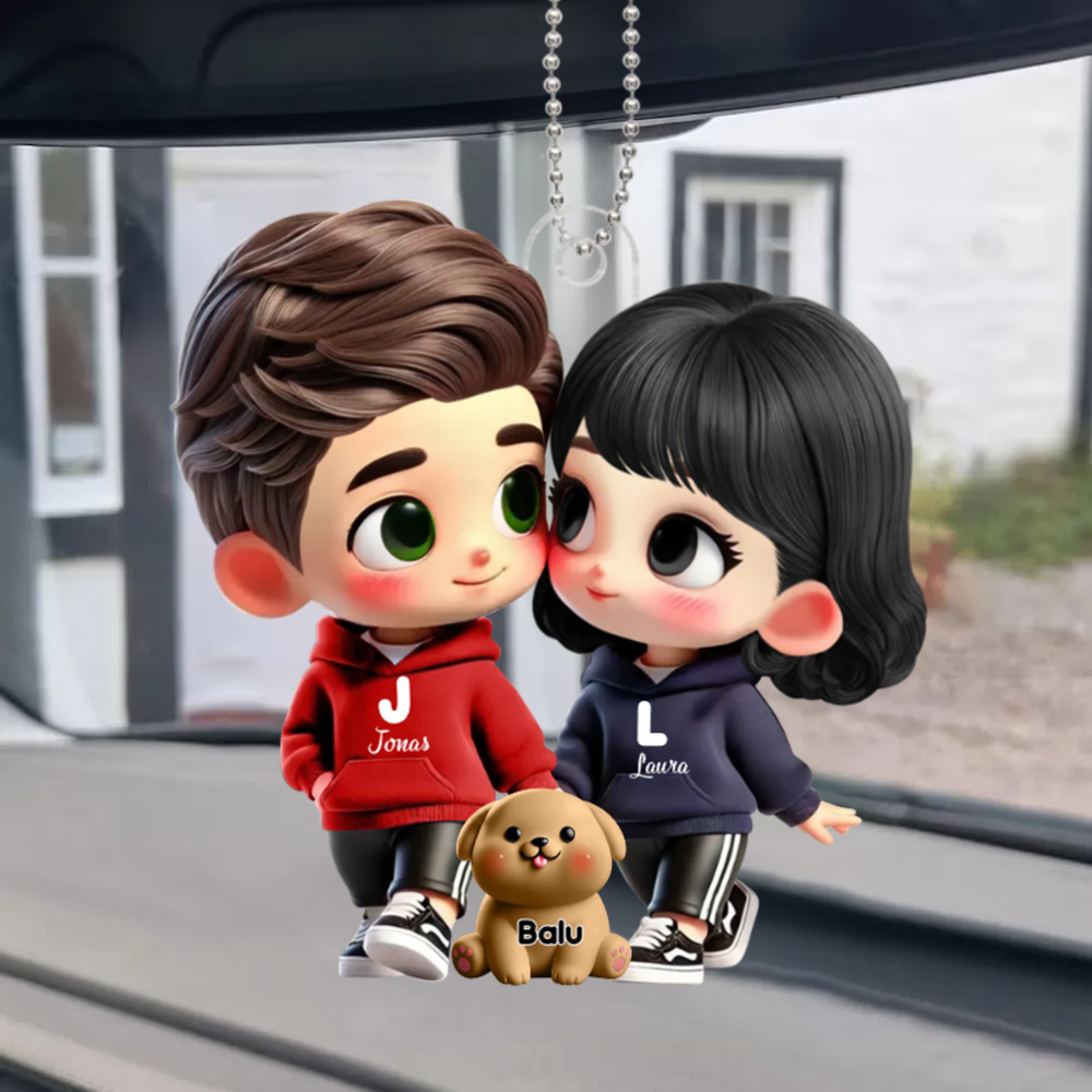 Pendentif de voiture personnalisé avec couple cartoon et animaux de compagnie – Cadeau pour couple
