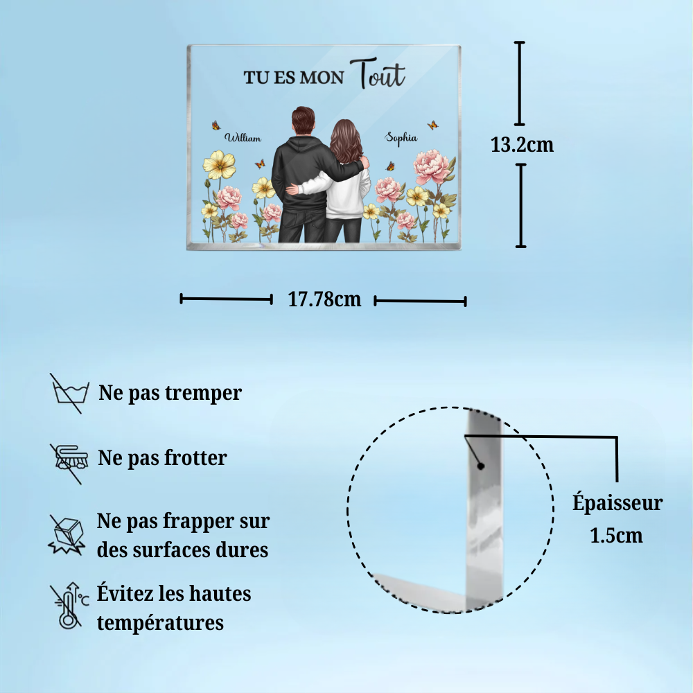 Texte, fleurs de naissance et bloc acrylique pour couple