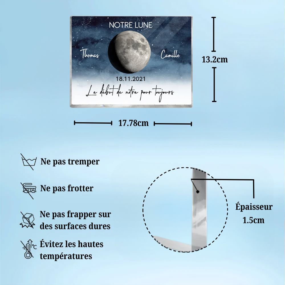 Notre Lune – Bloc en acrylique personnalisé avec phase de lune, cadeau pour couple