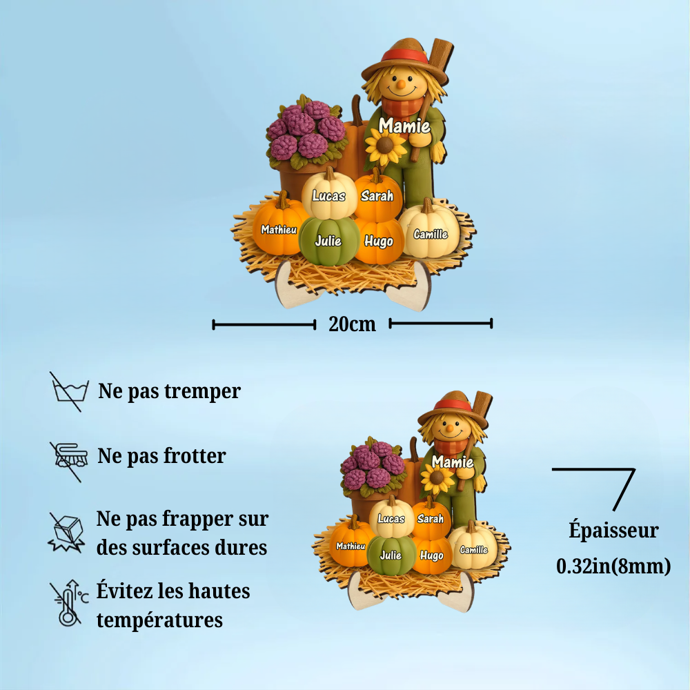 Plaque en bois personnalisée avec épouvantail et citrouilles – avec nom(s)