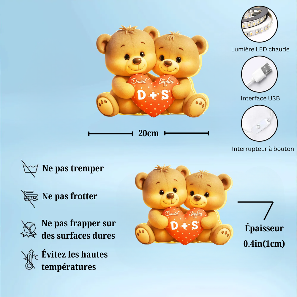 Ours et cœur - Boîte lumineuse LED personnalisée avec prénom - Cadeau pour couple