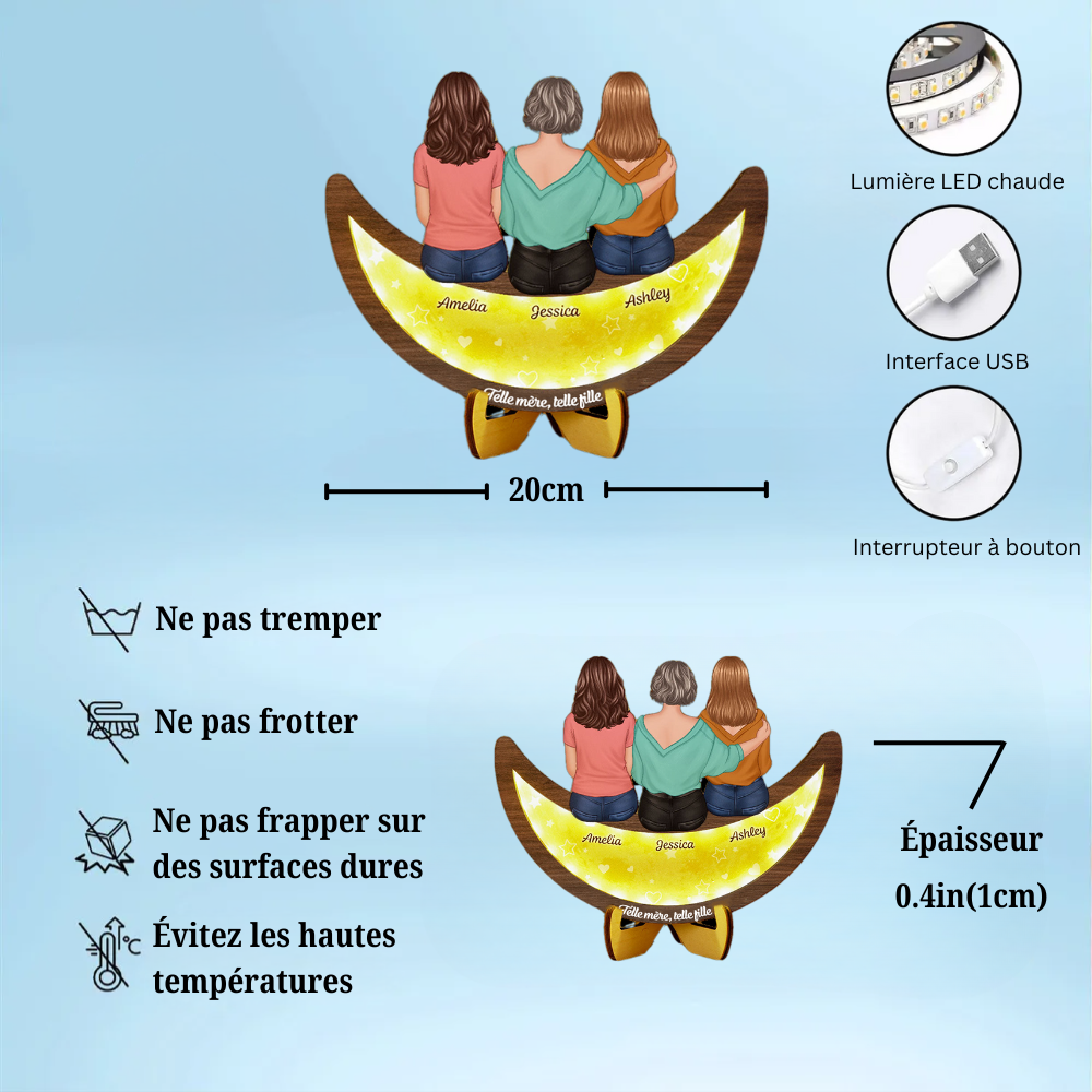 Mère et fille – Plaque en bois LED personnalisée