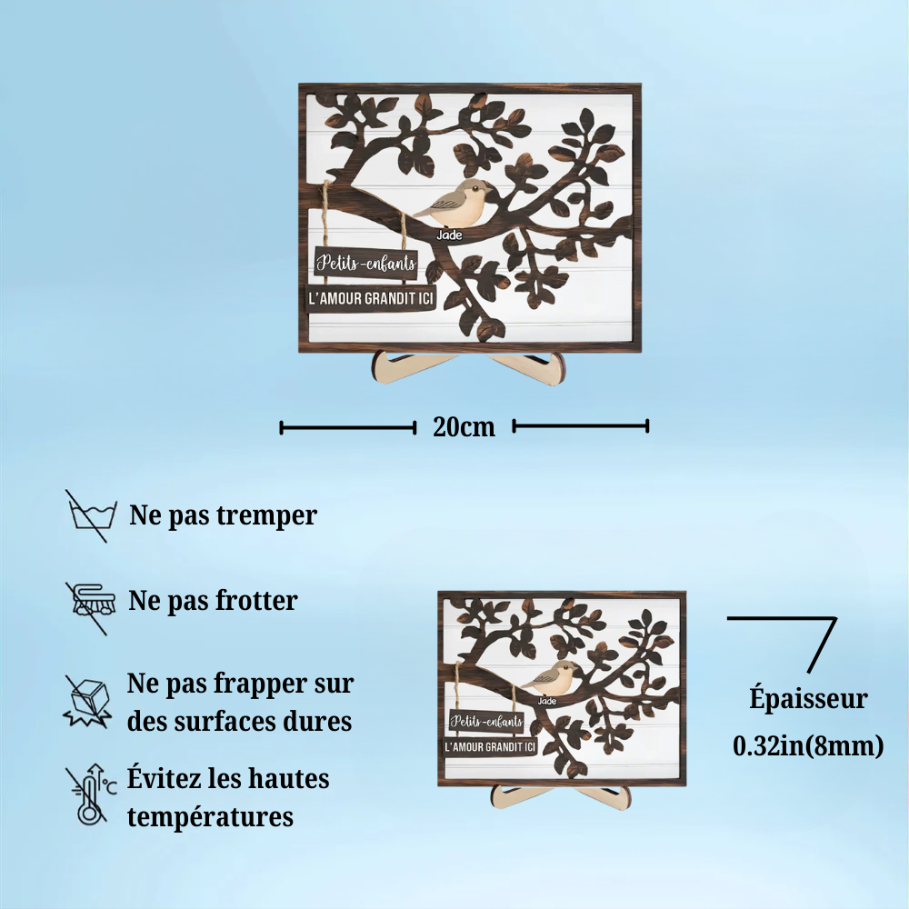 Plaque en bois personnalisée avec arbre et oiseaux – Cadeau pour la famille