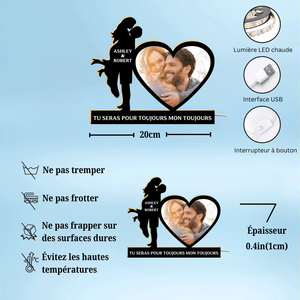 Boîte lumineuse personnalisée avec photo, nom et texte Cadeau pour couple