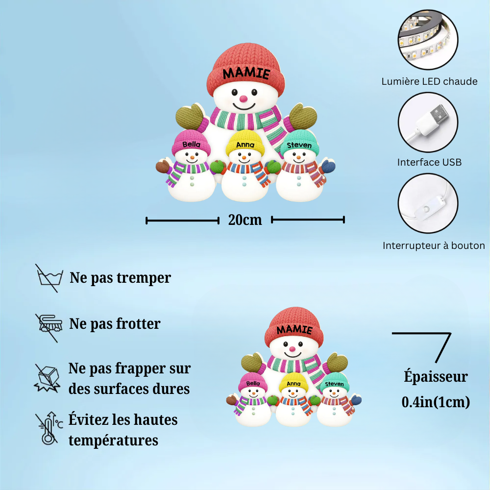 Boîte lumineuse personnalisée “Noël avec Mamie & Papi – Famille Bonhommes de Neige et Petits-Enfants”