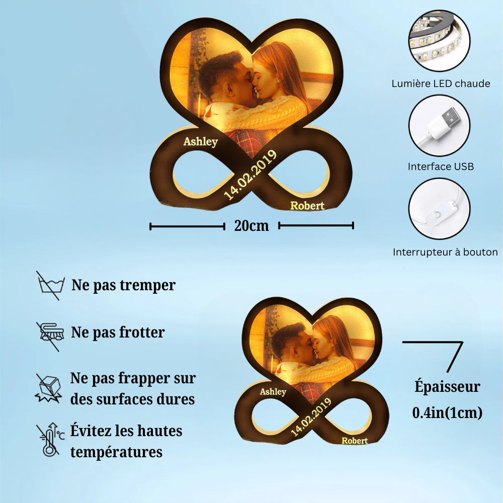 Amour infini - Boîte lumineuse personnalisée avec photo et nom Cadeau pour couple