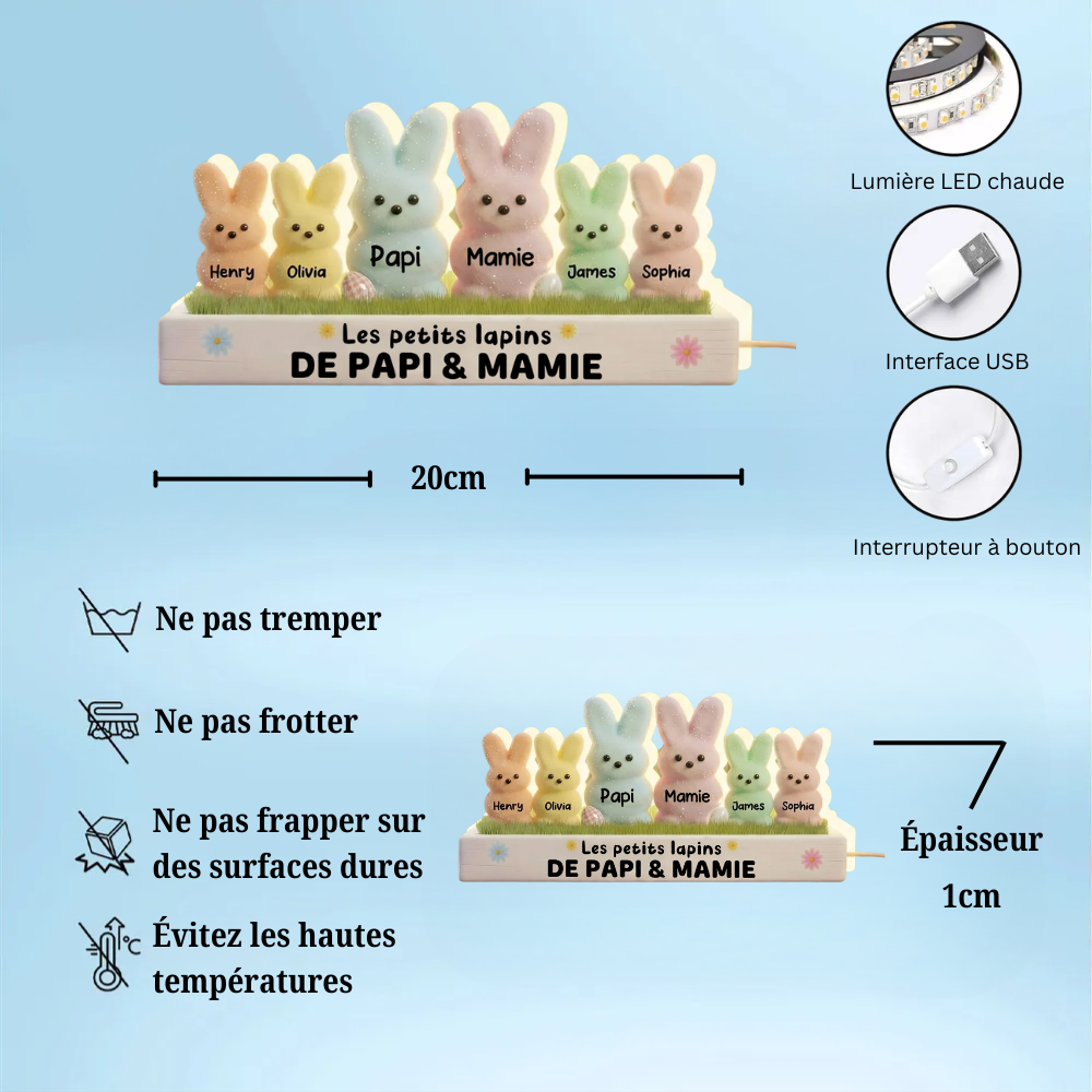 Lapins de Pâques pour mamie et papi – Boîte lumineuse LED personnalisée avec les prénoms des petits-enfants | Cadeau de Pâques pour grands-parents