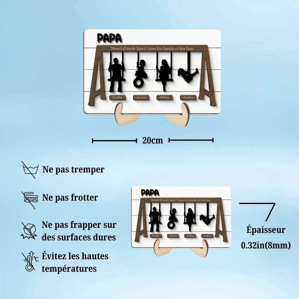La famille sur la balançoire - Plaque en bois personnalisée pour père et mère