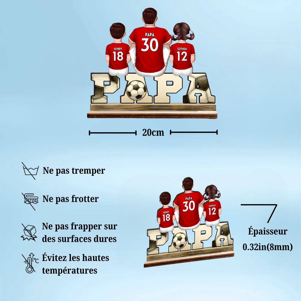 Plaque en bois « PAPA » avec football et 1 à 4 enfants personnalisés – Cadeau pour papa