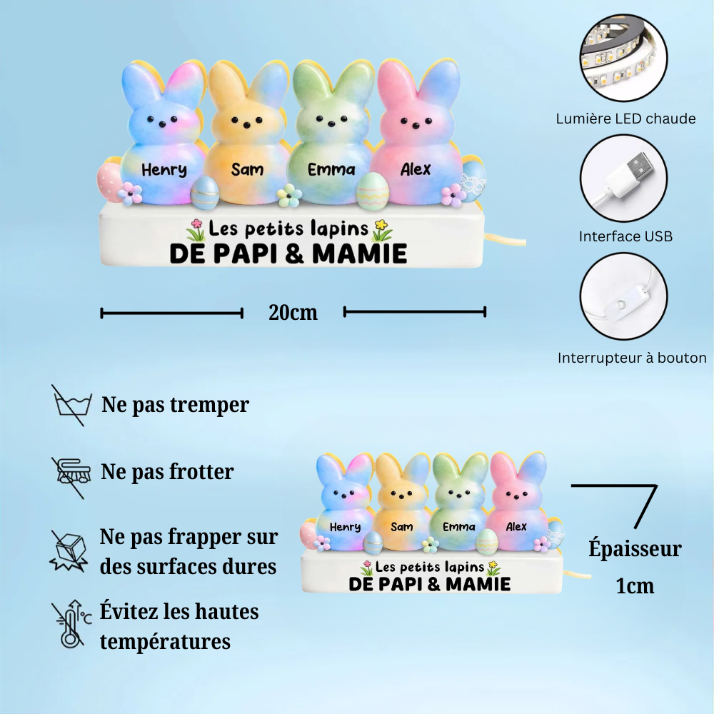 Lapins de Pâques colorés pour mamie et papi – Boîte lumineuse LED personnalisée avec les prénoms des petits-enfants | Cadeau de Pâques pour grands-parents