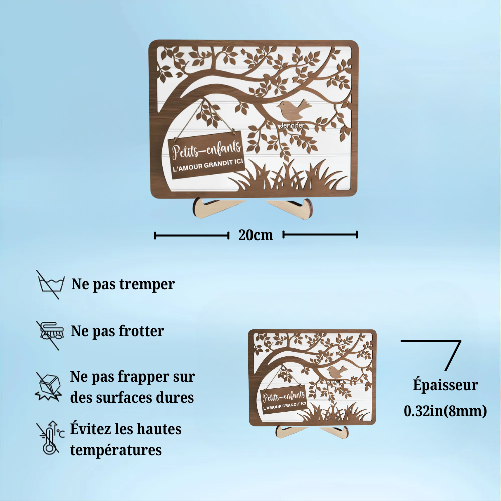 Plaque en bois Arbre et Oiseaux personnalisée avec 1 à 10 prénoms – Cadeau pour Mamie
