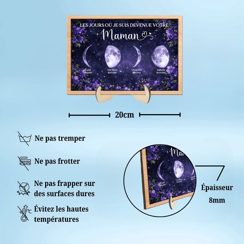 Fleurs violettes et phases de lune – Présentoir en bois personnalisé – Cadeau pour maman