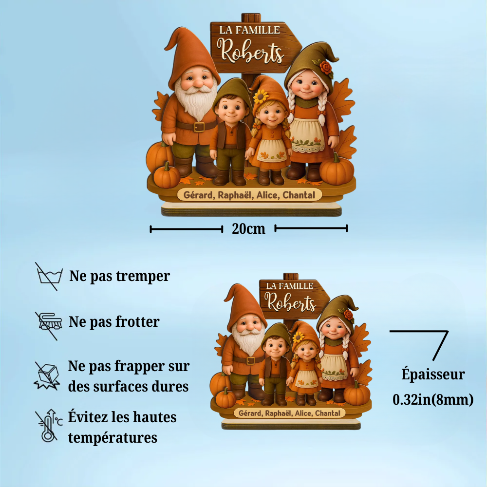 Famille de gnomes saison d’automne – Plaque en bois personnalisée avec noms