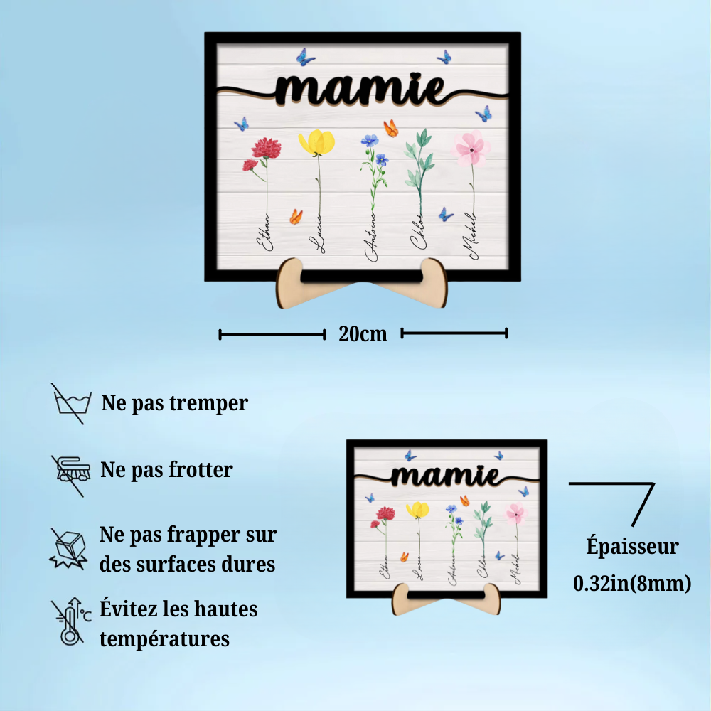 Tableau en bois personnalisé avec fleurs et noms pour grand-mère, grand-père, maman et papa