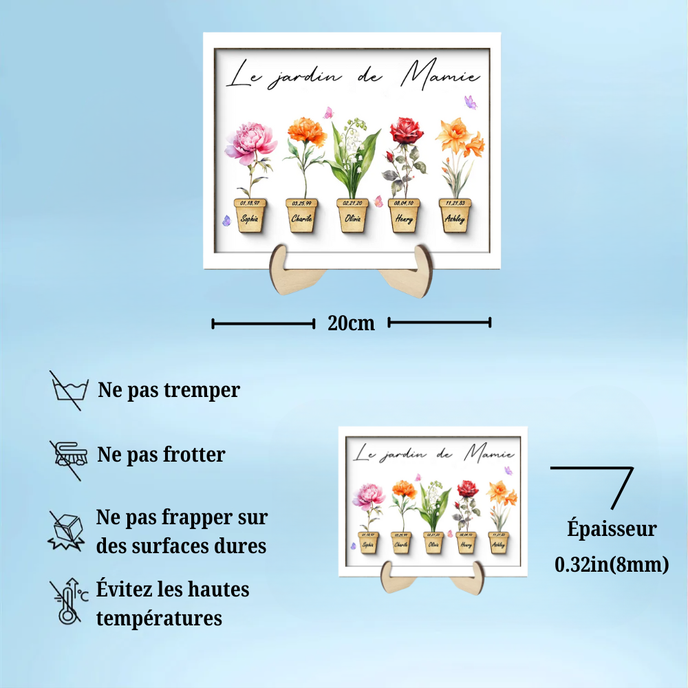 Tableau en bois personnalisé avec fleurs de naissance pour mamie et maman
