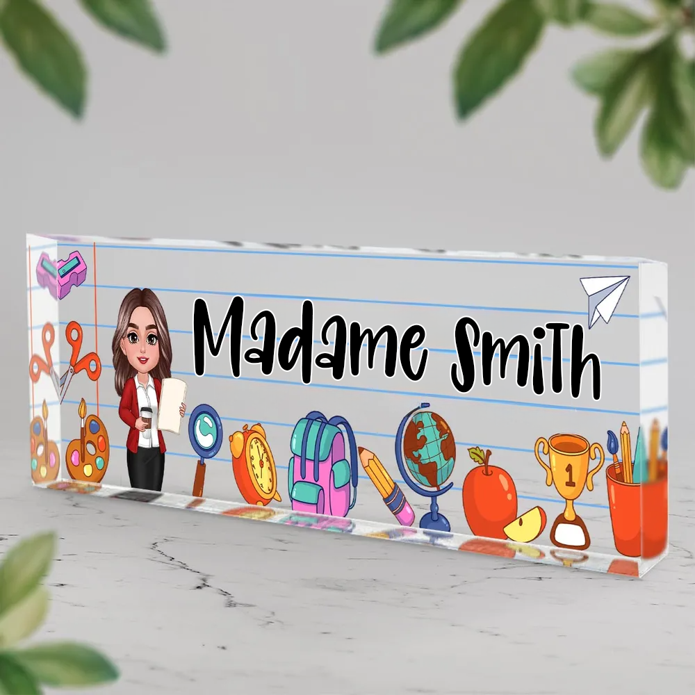 Plaque de bureau en acrylique personnalisée – Motifs scolaires pour enseignantes