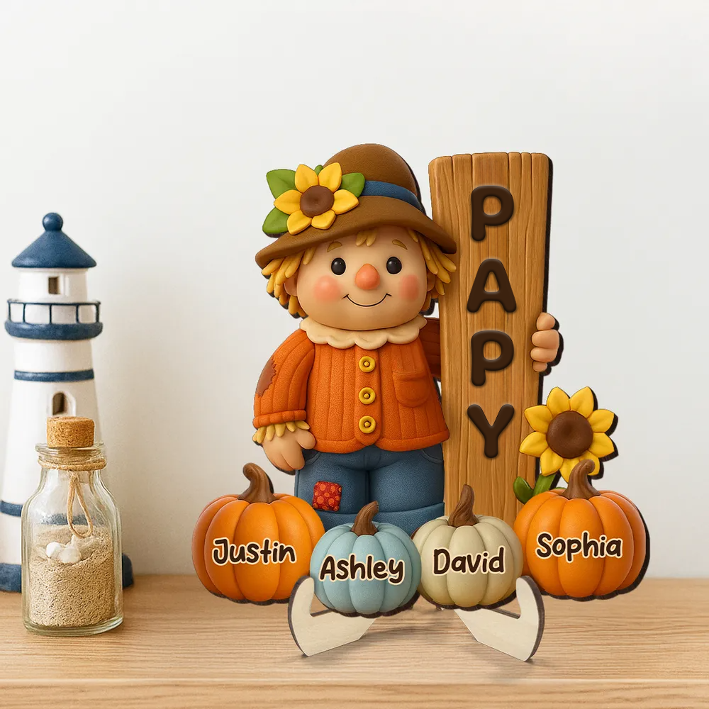 Adorable épouvantail et citrouilles – Plaque en bois personnalisée avec prénom(s) – Cadeau pour mamie