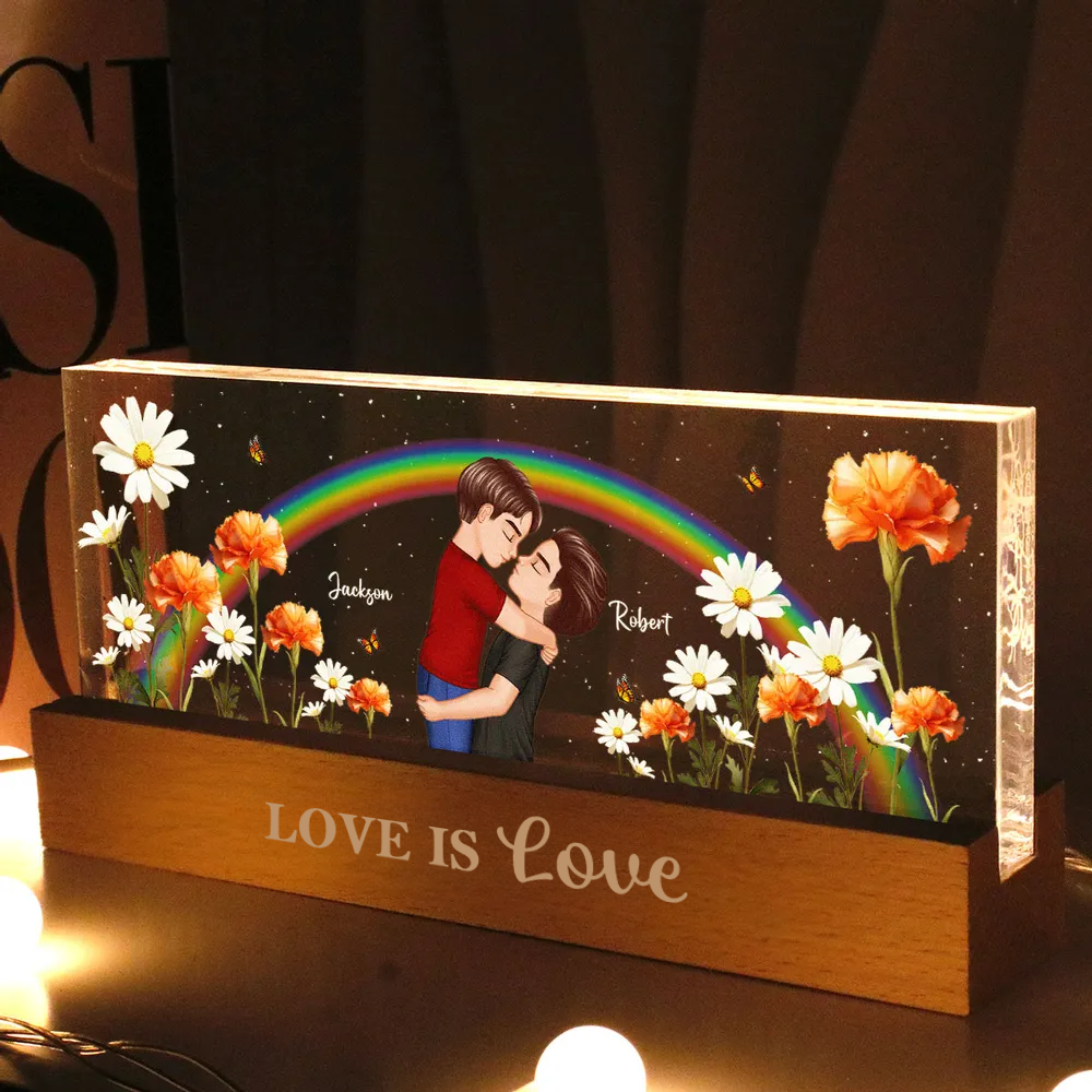 Arc-en-ciel et fleurs de naissance – Veilleuse LED personnalisée, cadeau pour couple LGBT