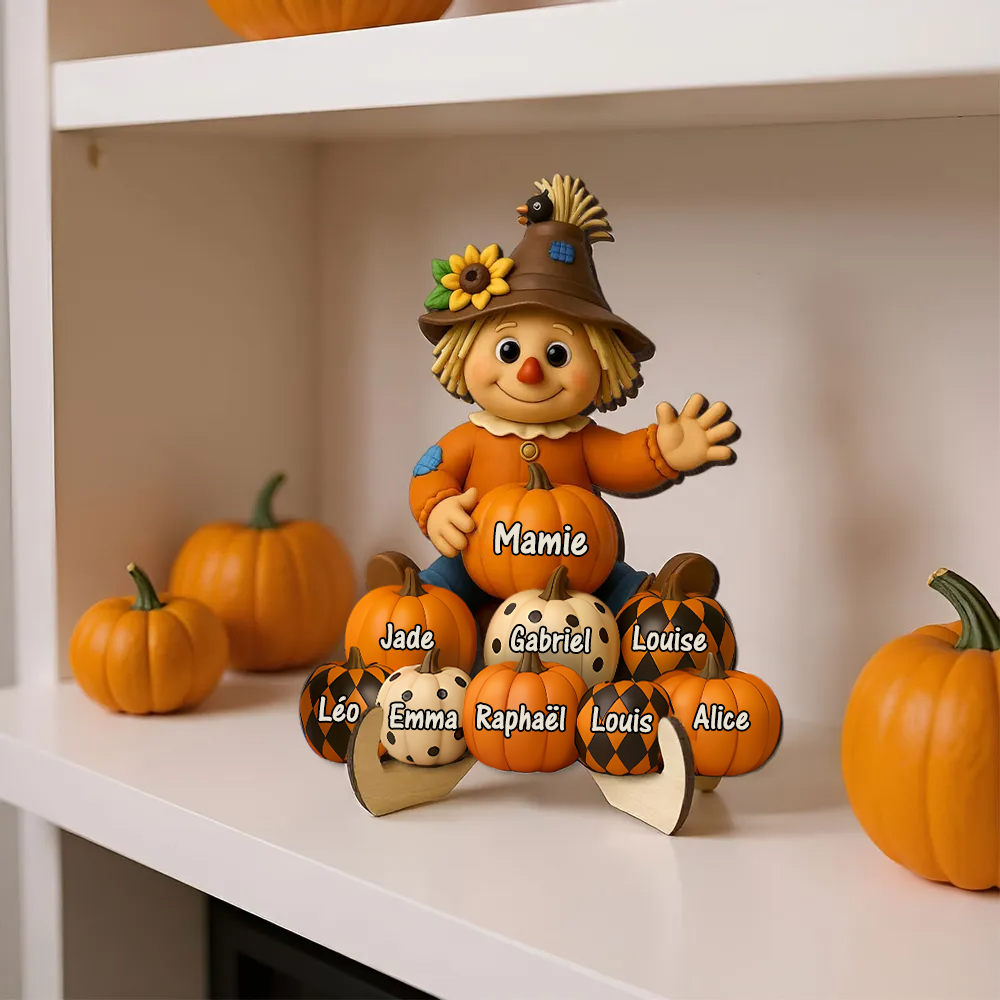 Plaque en bois personnalisée avec épouvantail et citrouilles – avec nom
