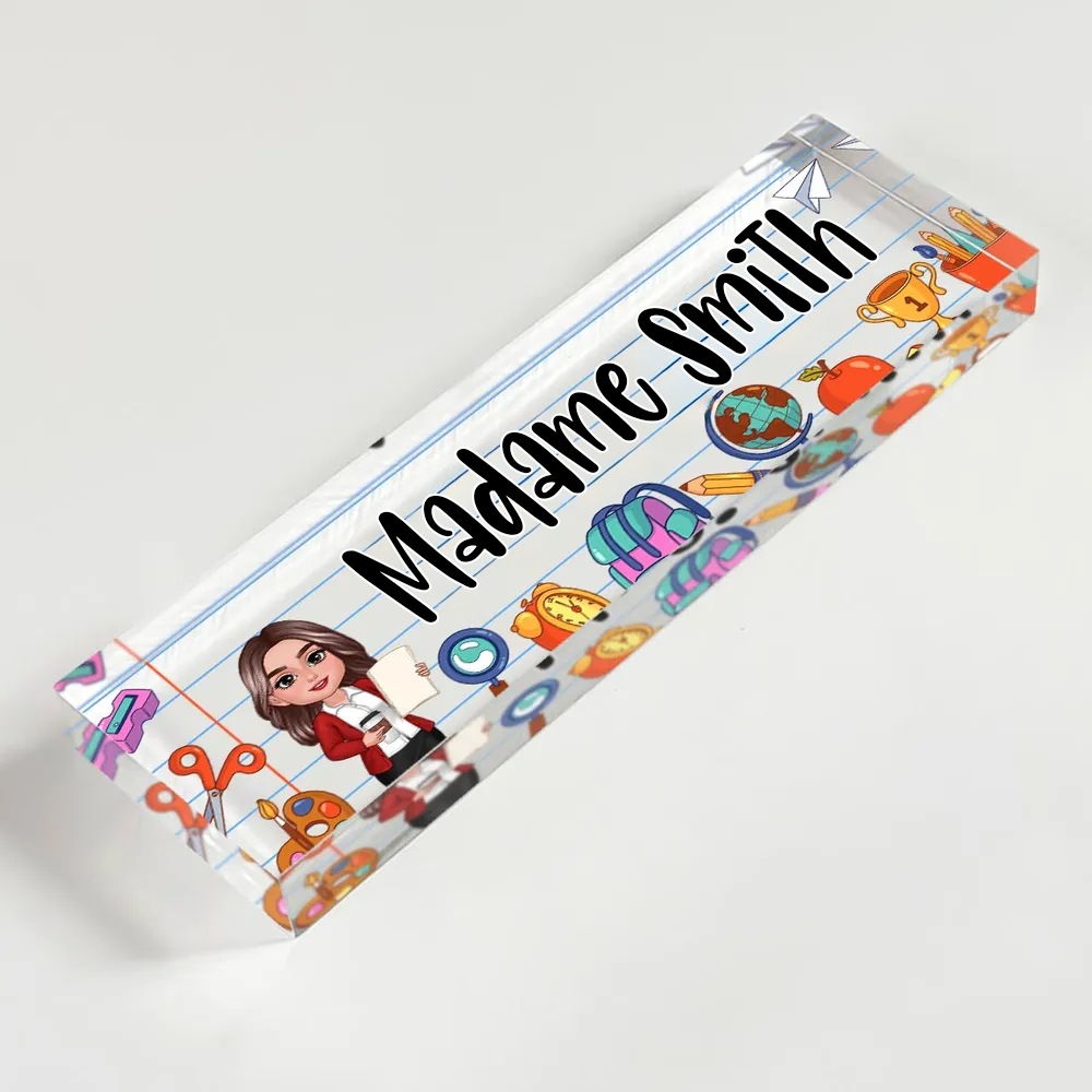Plaque de bureau en acrylique personnalisée – Motifs scolaires pour enseignantes