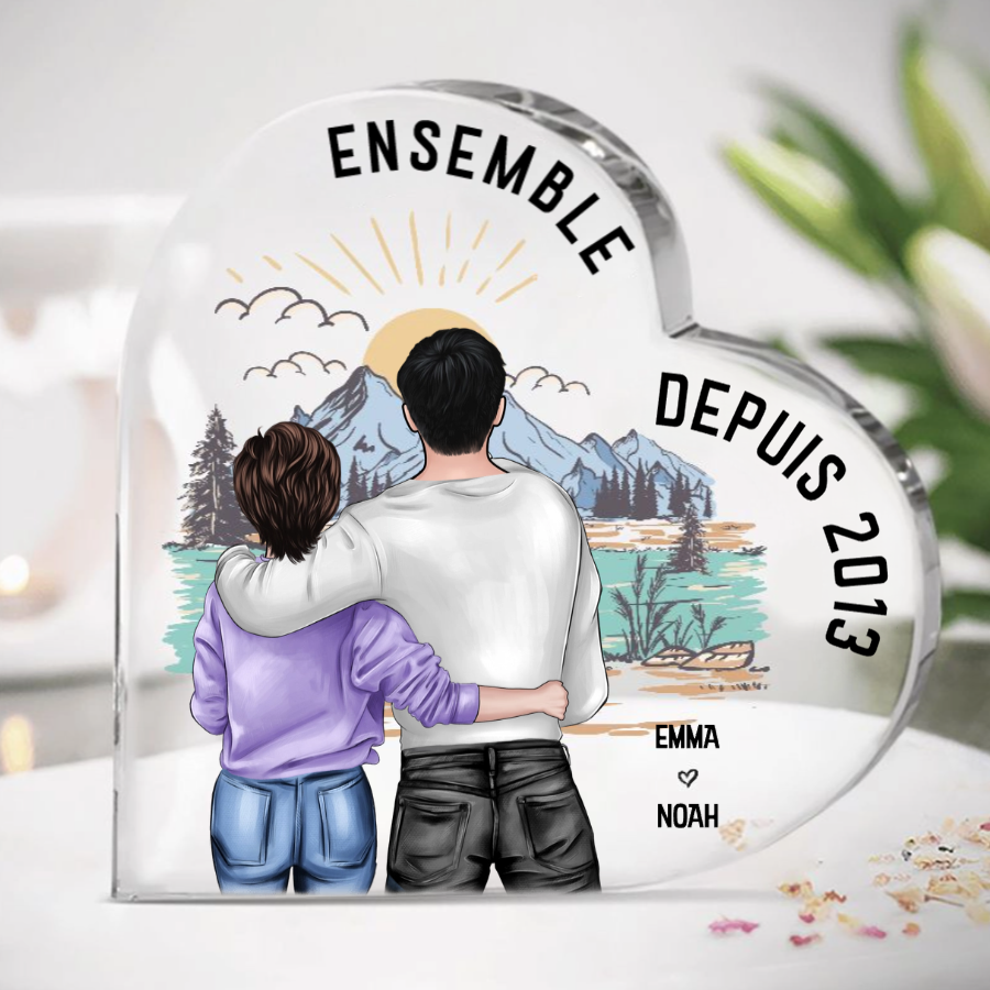 Cœur en acrylique avec couple et prénoms « ensemble depuis… » – Cadeau pour couple