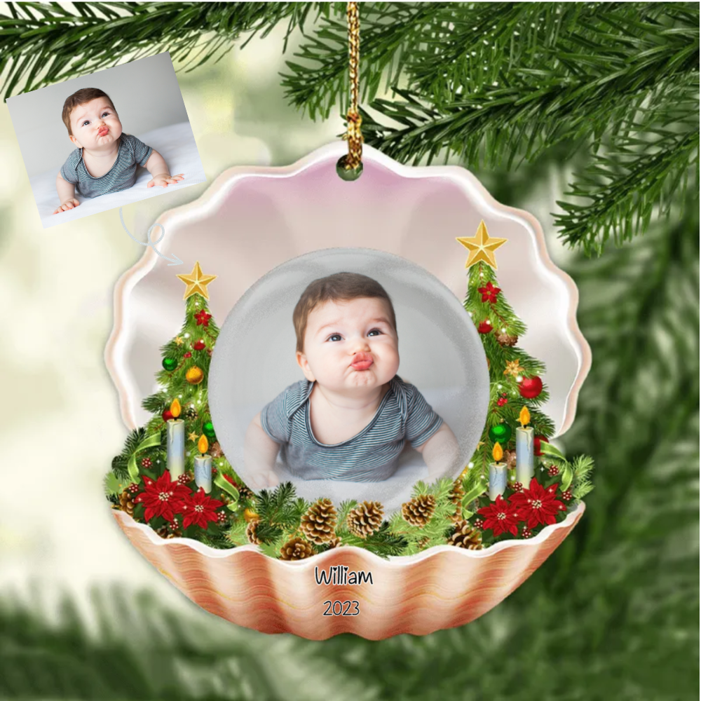 Bébé photo boule de cristal coquillage décoration de Noël avec le nom