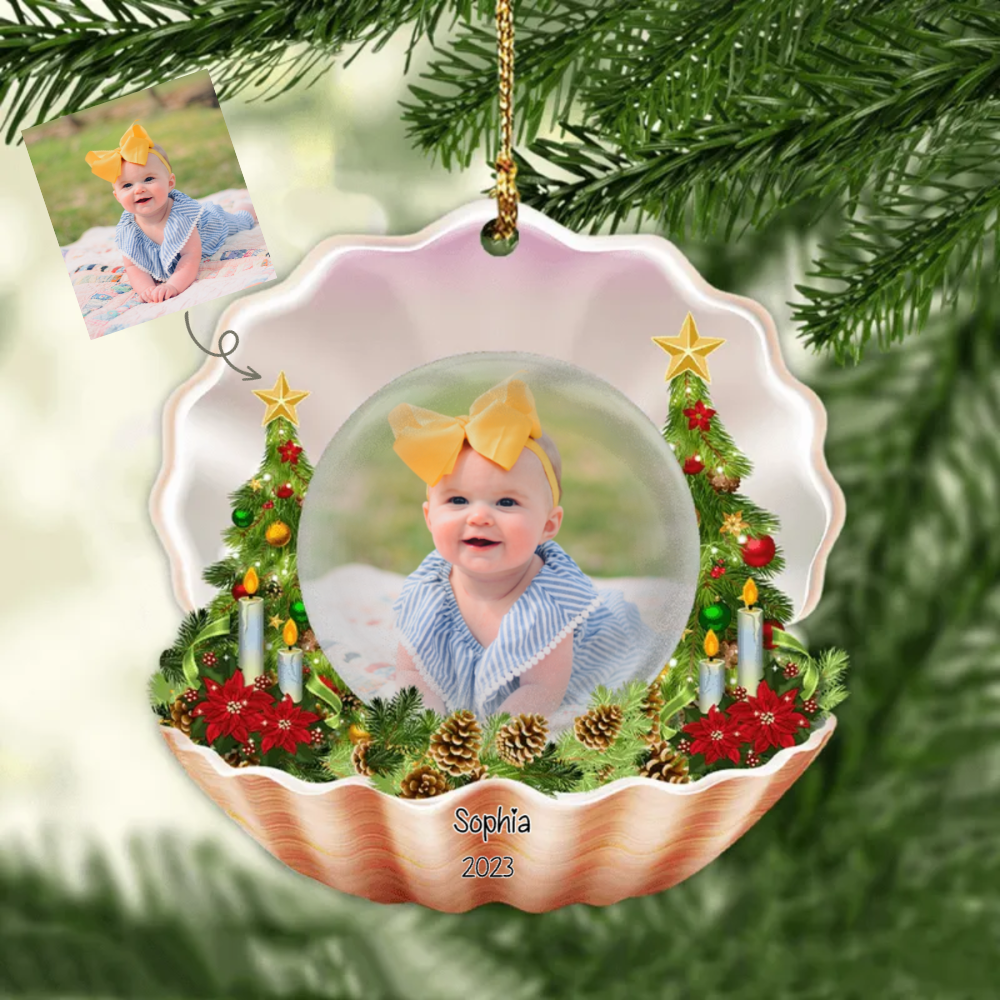 Bébé photo boule de cristal coquillage décoration de Noël avec le nom