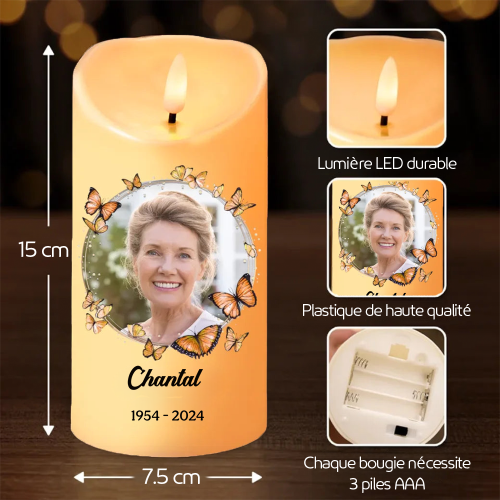 Bougie LED commémorative personnalisée avec papillons et photo