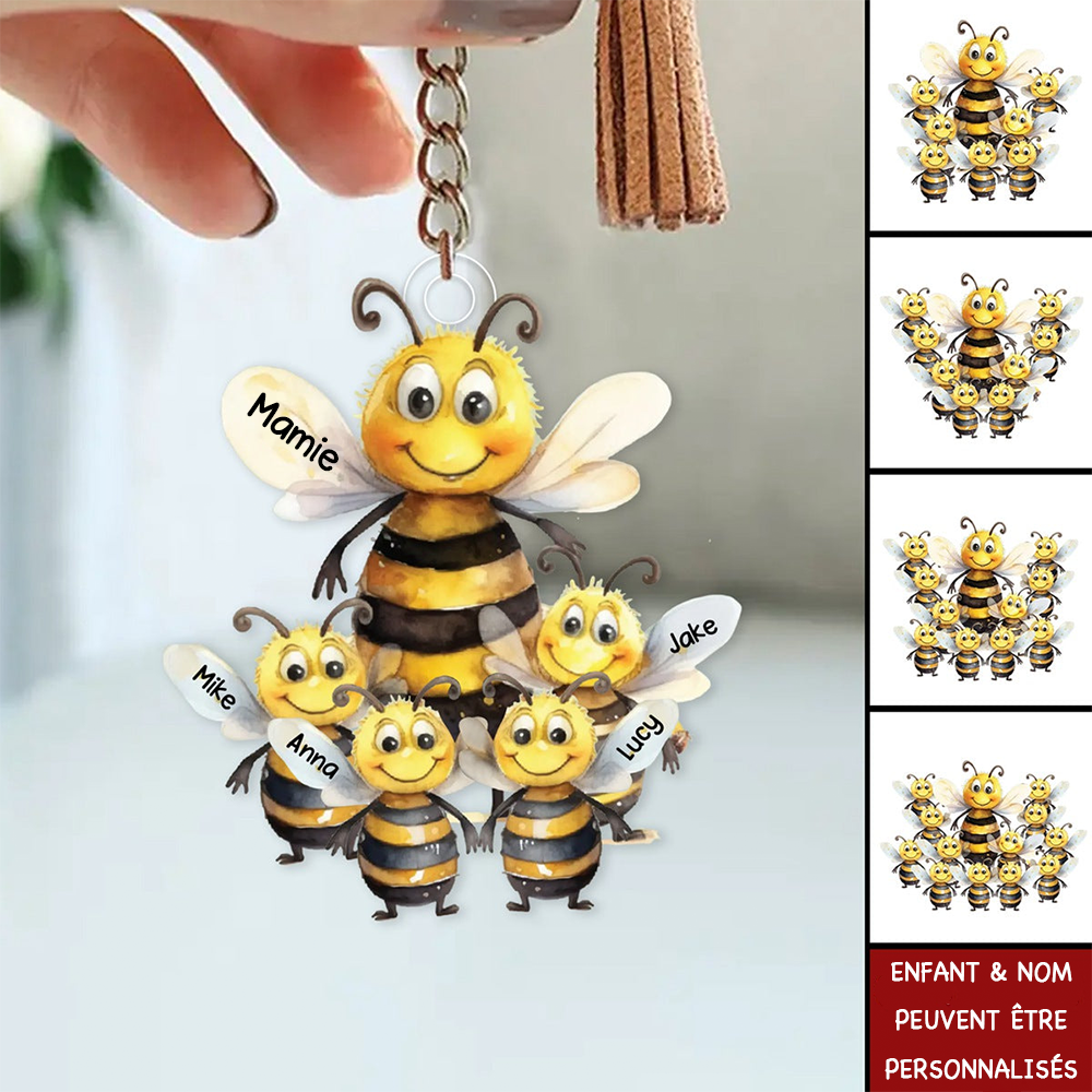 Porte-clés en acrylique "Famille d'abeilles" avec impression des deux côtés pour maman et mamie
