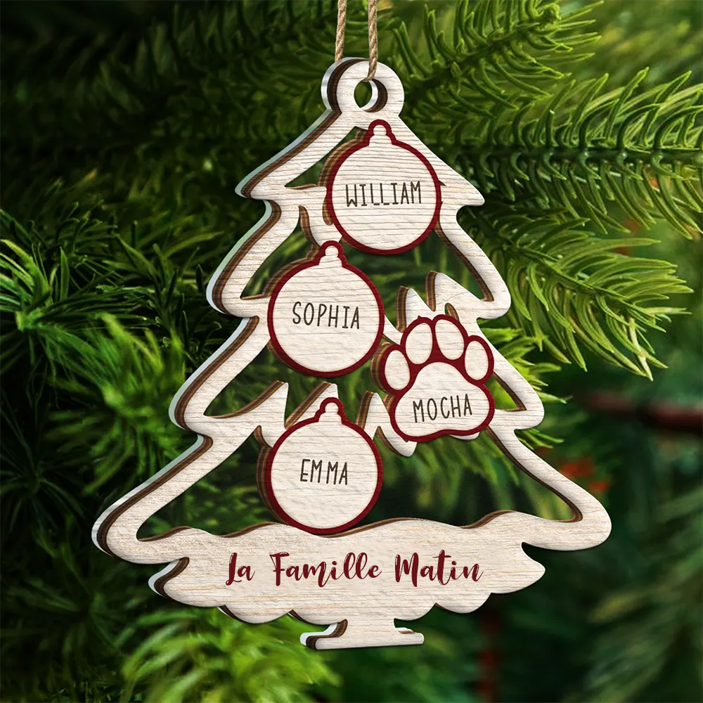 Arbre de famille avec icône d'animal de Noël – Ornement mixte personnalisable à 2 couches