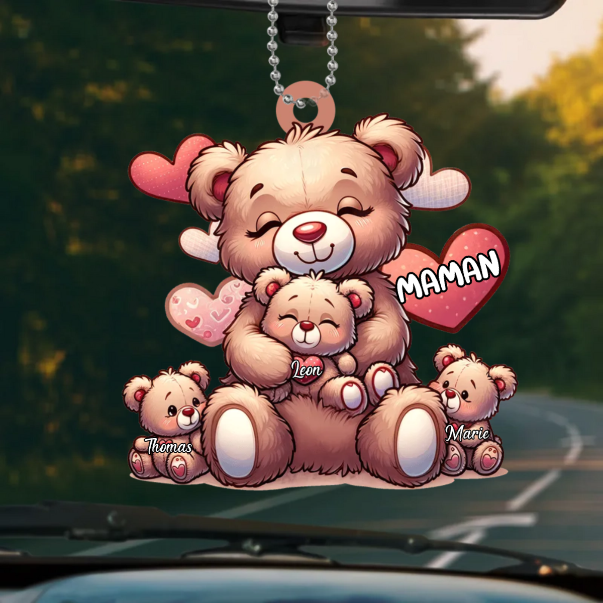 Pendentif de rétroviseur personnalisé avec ours – Cadeau pour maman et mamie